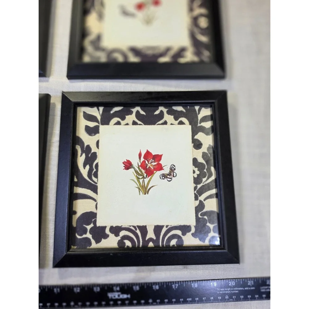 Home Interiors Set of 4 Framed Floral Butterfly Damask Wall Art Black Red 8.5in